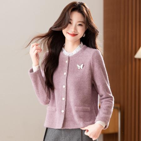 紫色短款外套气质休闲小个子绒感开衫秋冬新款上衣  服裝批發女裝批發服飾貨源