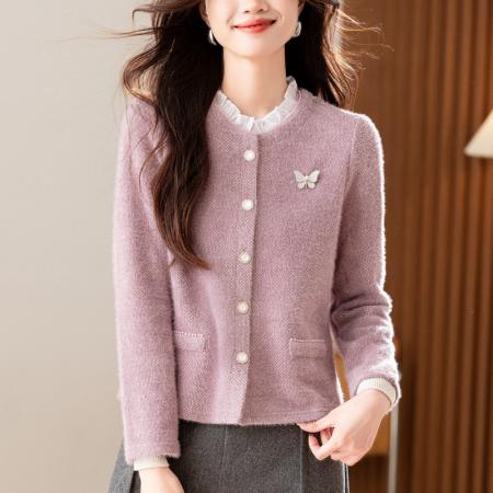 紫色短款外套气质休闲小个子绒感开衫秋冬新款上衣  服裝批發女裝批發服飾貨源