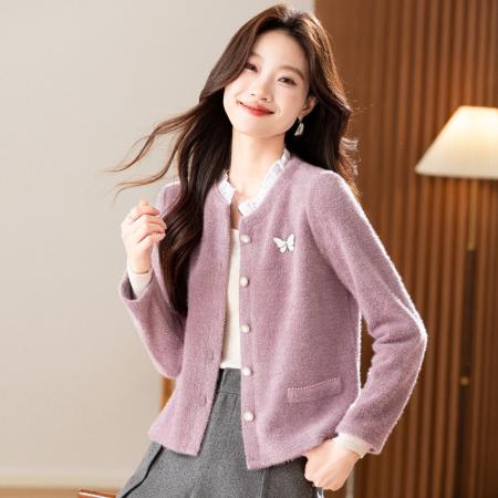 紫色短款外套气质休闲小个子绒感开衫秋冬新款上衣  服裝批發女裝批發服飾貨源