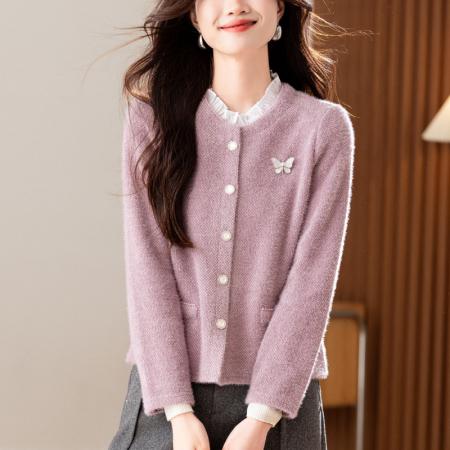 紫色短款外套气质休闲小个子绒感开衫秋冬新款上衣  服裝批發女裝批發服飾貨源