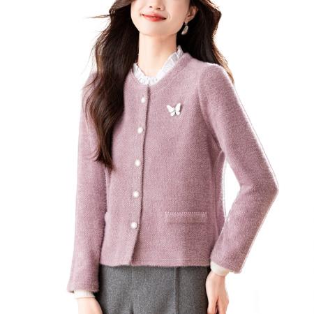 紫色短款外套气质休闲小个子绒感开衫秋冬新款上衣  服裝批發女裝批發服飾貨源