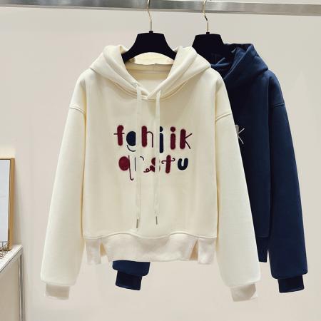 学院风加绒新款连帽卡通字母刺绣钉珠宽松洋气卫衣女  服裝批發女裝批發服飾貨源