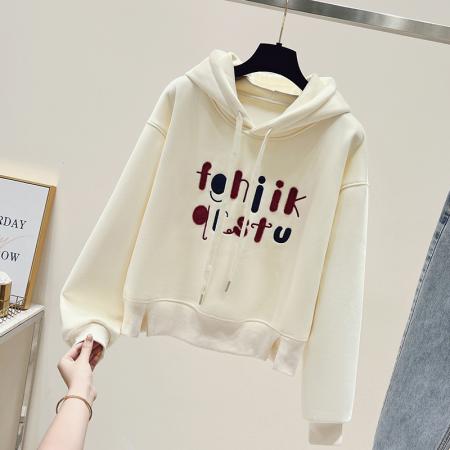 学院风加绒新款连帽卡通字母刺绣钉珠宽松洋气卫衣女  服裝批發女裝批發服飾貨源