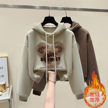 加绒加厚冬季新款连帽短款卫衣贴布印花宽松百搭长袖  服裝批發女裝批發服飾貨源