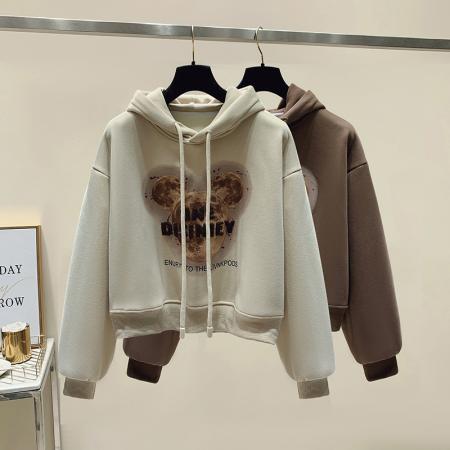 加绒加厚冬季新款连帽短款卫衣贴布印花宽松百搭长袖  服裝批發女裝批發服飾貨源