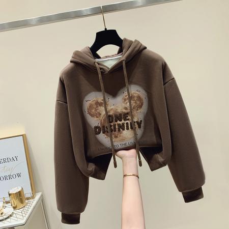 加绒加厚冬季新款连帽短款卫衣贴布印花宽松百搭长袖  服裝批發女裝批發服飾貨源