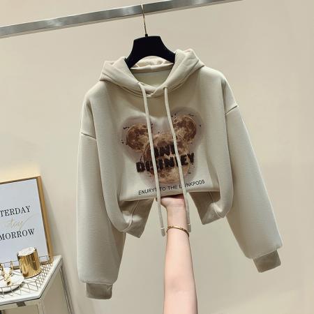 加绒加厚冬季新款连帽短款卫衣贴布印花宽松百搭长袖  服裝批發女裝批發服飾貨源