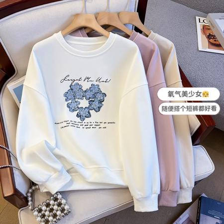 秋季新款圆领纯色时尚百搭宽松设计感小清新卫衣女上衣  服裝批發女裝批發服飾貨源