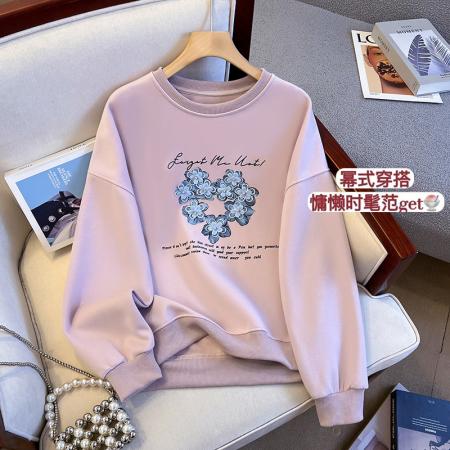 秋季新款圆领纯色时尚百搭宽松设计感小清新卫衣女上衣  服裝批發女裝批發服飾貨源