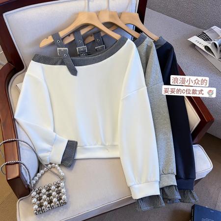 秋季新款小众设计感斜领露肩拼接上衣百搭小清新卫衣女  服裝批發女裝批發服飾貨源