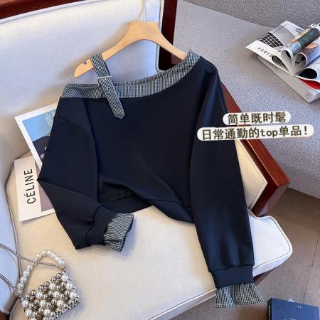 秋季新款小众设计感斜领露肩拼接上衣百搭小清新卫衣女  服裝批發女裝批發服飾貨源