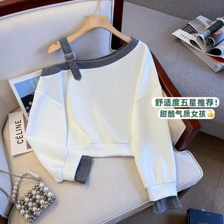 秋季新款小众设计感斜领露肩拼接上衣百搭小清新卫衣女  服裝批發女裝批發服飾貨源