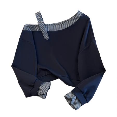 秋季新款小众设计感斜领露肩拼接上衣百搭小清新卫衣女  服裝批發女裝批發服飾貨源