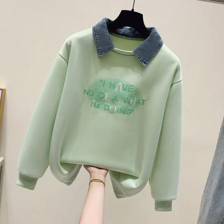 早春新款女装卫衣假两件学院风polo领长袖上衣时尚洋气  服裝批發女裝批發服飾貨源