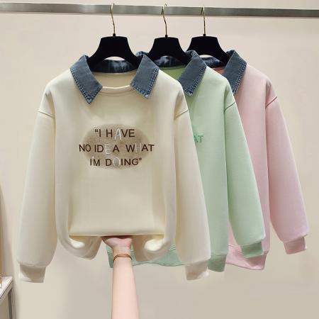 早春新款女装卫衣假两件学院风polo领长袖上衣时尚洋气  服裝批發女裝批發服飾貨源