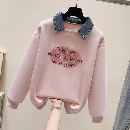 早春新款女装卫衣假两件学院风polo领长袖上衣时尚洋气  服裝批發女裝批發服飾貨源