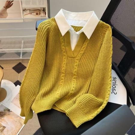 LN76374# 法式麻花纹针织拼接衬衫女秋冬新款学院风温柔气质假两件毛衣