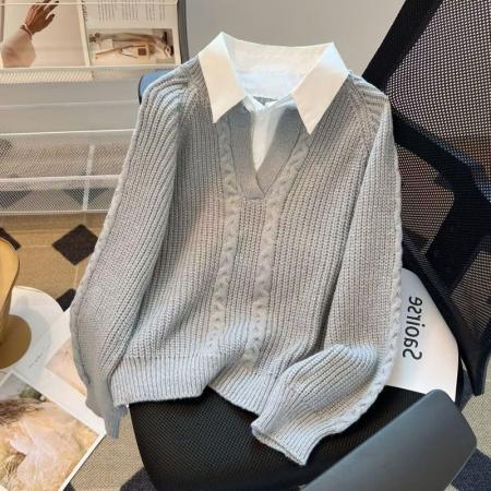 LN76374# 法式麻花纹针织拼接衬衫女秋冬新款学院风温柔气质假两件毛衣