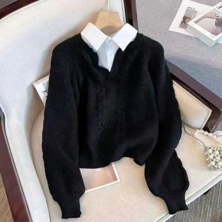 LN76374# 法式麻花纹针织拼接衬衫女秋冬新款学院风温柔气质假两件毛衣