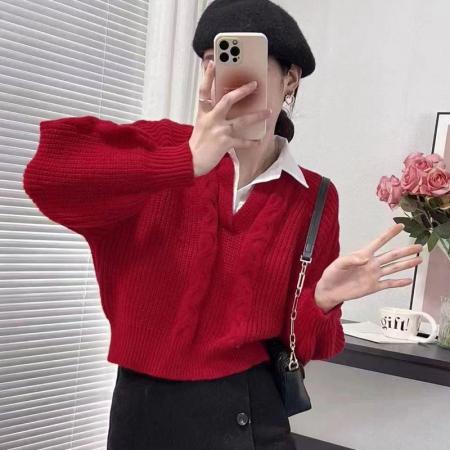 LN76374# 法式麻花纹针织拼接衬衫女秋冬新款学院风温柔气质假两件毛衣