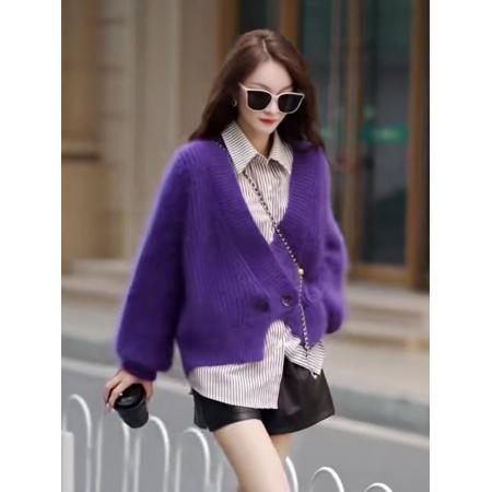 LN76375# 高级感气质紫色针织衫开衫女秋冬新款软糯宽松V领毛衣外套