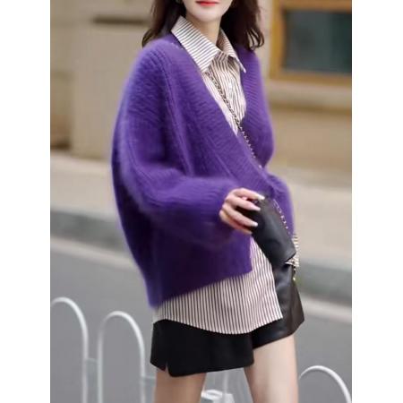 LN76375# 高级感气质紫色针织衫开衫女秋冬新款软糯宽松V领毛衣外套