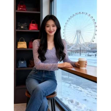 FA47774# 纯欲性感蕾丝花边V领长袖T恤秋冬新款小众修身显瘦百搭上衣 服裝批發女裝批發服飾貨源