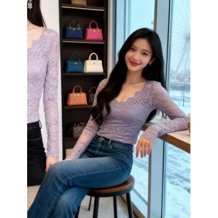 FA47774# 纯欲性感蕾丝花边V领长袖T恤秋冬新款小众修身显瘦百搭上衣 服裝批發女裝批發服飾貨源