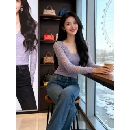 FA47774# 纯欲性感蕾丝花边V领长袖T恤秋冬新款小众修身显瘦百搭上衣 服裝批發女裝批發服飾貨源