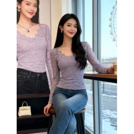 FA47774# 纯欲性感蕾丝花边V领长袖T恤秋冬新款小众修身显瘦百搭上衣 服裝批發女裝批發服飾貨源