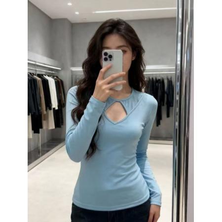 FA47777# 美式复古辣妹镂空圆领长袖T恤秋冬新款设计感别致巨好看上衣 服裝批發女裝批發服飾貨源