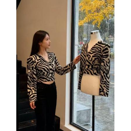 FA47778# 韩系辣妹风斑马纹V领长袖衬衫秋冬新款超好看修身百搭上衣 服裝批發女裝批發服飾貨源