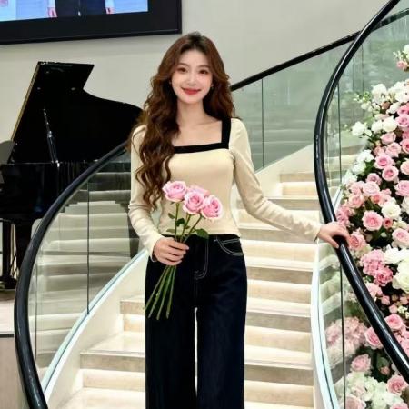 FA47780# 韩系简约风撞色方领长袖T恤秋冬新款设计感御姐小众修身上衣 服裝批發女裝批發服飾貨源