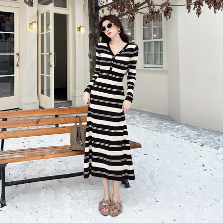 FA47783# 法式条纹撞色V领长袖针织连衣裙女秋冬新款修身显瘦A字打底长裙 服裝批發女裝批發服飾貨源