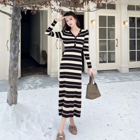 FA47783# 法式条纹撞色V领长袖针织连衣裙女秋冬新款修身显瘦A字打底长裙 服裝批發女裝批發服飾貨源