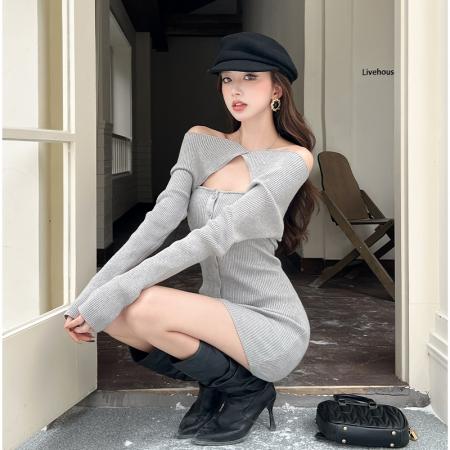 FA47784# 一字肩长袖针织连衣裙女秋冬新款收腰辣妹包臀修身显瘦短裙纯欲风 服裝批發女裝批發服飾貨源