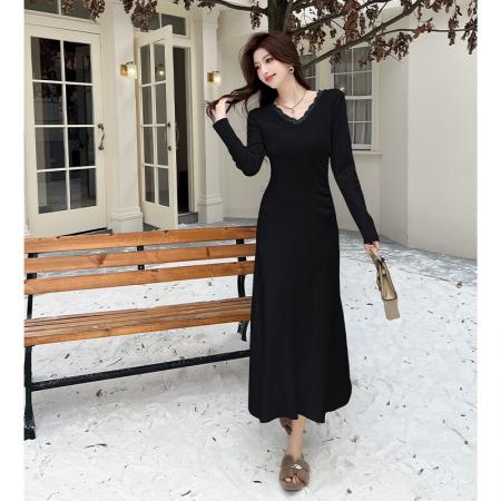 FA47785# 法式温柔风蕾丝拼接长袖打底裙女秋冬新款收褶设计感针织连衣裙 服裝批發女裝批發服飾貨源