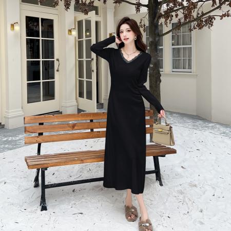 FA47785# 法式温柔风蕾丝拼接长袖打底裙女秋冬新款收褶设计感针织连衣裙 服裝批發女裝批發服飾貨源