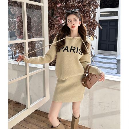 FA47786# 慵懒风复古软糯连帽针织上衣毛两件套字短裙半身裙毛衣两件套秋冬 服裝批發女裝批發服飾貨源