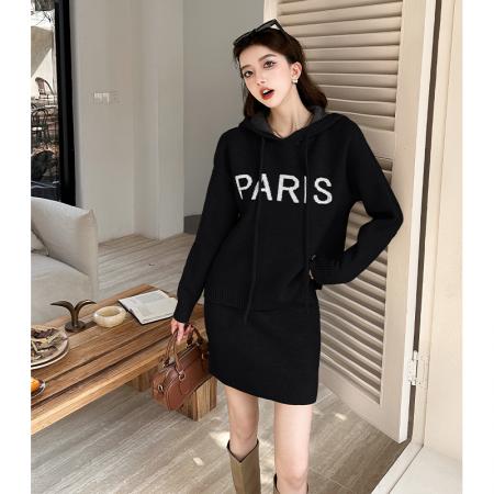 FA47786# 慵懒风复古软糯连帽针织上衣毛两件套字短裙半身裙毛衣两件套秋冬 服裝批發女裝批發服飾貨源