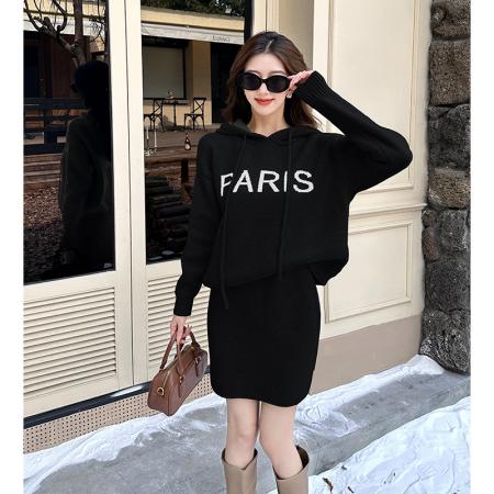 FA47786# 慵懒风复古软糯连帽针织上衣毛两件套字短裙半身裙毛衣两件套秋冬 服裝批發女裝批發服飾貨源