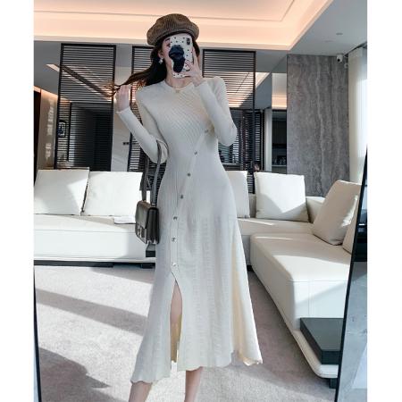 FA47787# 秋冬新款法式气质时尚圆领缕空弹力修身长袖针织连衣裙长裙潮 服裝批發女裝批發服飾貨源
