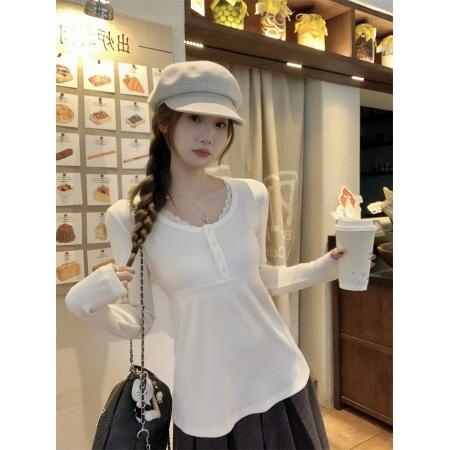 FA47788# ～大码胖MM圆领娃娃衫绑带针织衫显瘦内搭百搭长袖t恤 服裝批發女裝批發服飾貨源