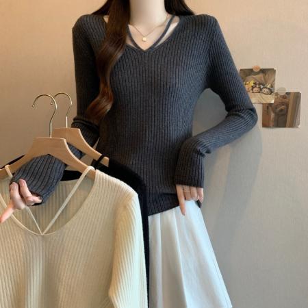FA47789# 秋冬大码胖mm性感V领坑条针织衫女辣妹纯欲风长袖打底毛衣女 服裝批發女裝批發服飾貨源