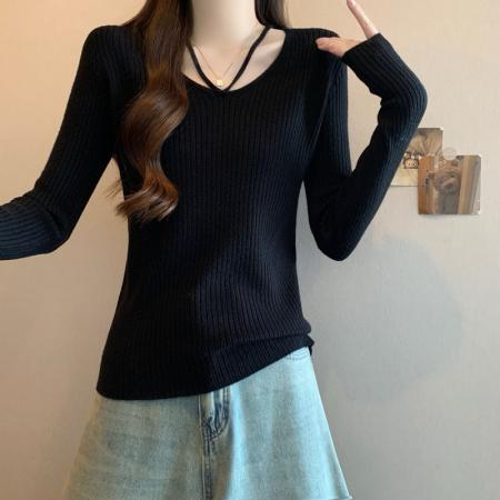 FA47789# 秋冬大码胖mm性感V领坑条针织衫女辣妹纯欲风长袖打底毛衣女 服裝批發女裝批發服飾貨源