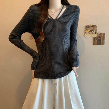 FA47789# 秋冬大码胖mm性感V领坑条针织衫女辣妹纯欲风长袖打底毛衣女 服裝批發女裝批發服飾貨源