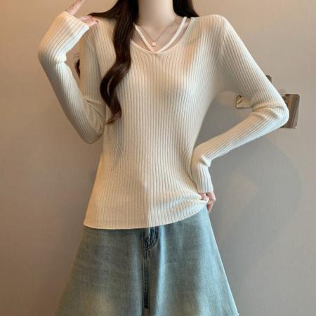 FA47789# 秋冬大码胖mm性感V领坑条针织衫女辣妹纯欲风长袖打底毛衣女 服裝批發女裝批發服飾貨源