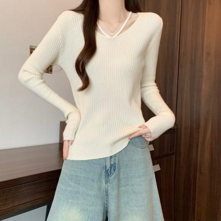 FA47789# 秋冬大码胖mm性感V领坑条针织衫女辣妹纯欲风长袖打底毛衣女 服裝批發女裝批發服飾貨源