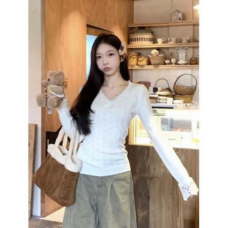 FA47790# 蕾丝拼接针织衫女氛围感穿搭蕾丝上衣v领修身显瘦长袖 服裝批發女裝批發服飾貨源