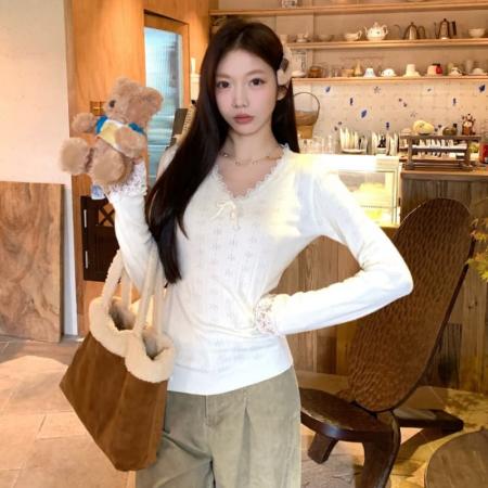 FA47790# 蕾丝拼接针织衫女氛围感穿搭蕾丝上衣v领修身显瘦长袖 服裝批發女裝批發服飾貨源